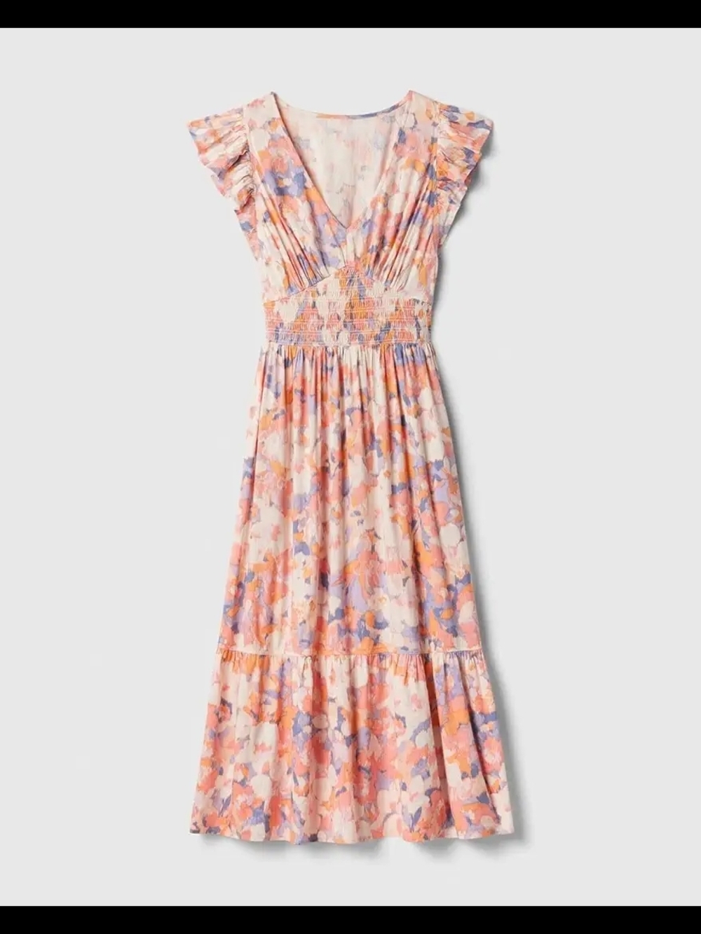 Floral Flutter-Sleeve Midi Dress in Peach Multi - Picture 3 of 9
